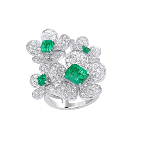 Columbia Emerald and diamond multi flower ring