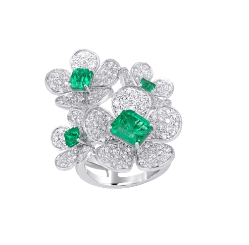 Columbia Emerald and diamond multi flower ring