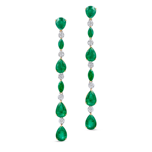 Long Emerald Drop and Marquise Diamond Earrings
