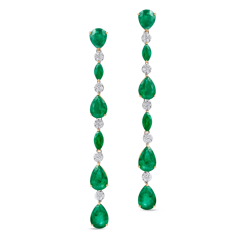 Long Emerald Drop and Marquise Diamond Earrings