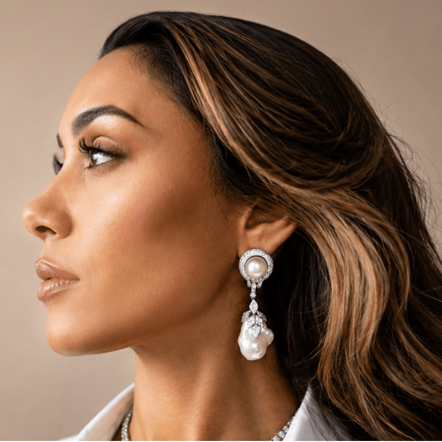 South Sea Pearl and Diamond earrings with Baroque Pearl drops