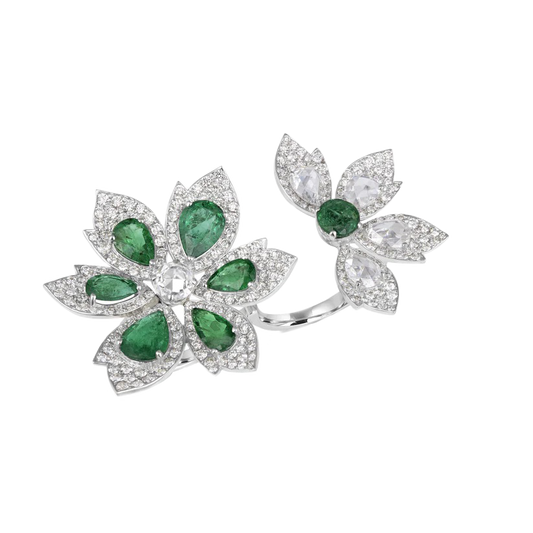 Emerald and  Diamond Double Flower Ring