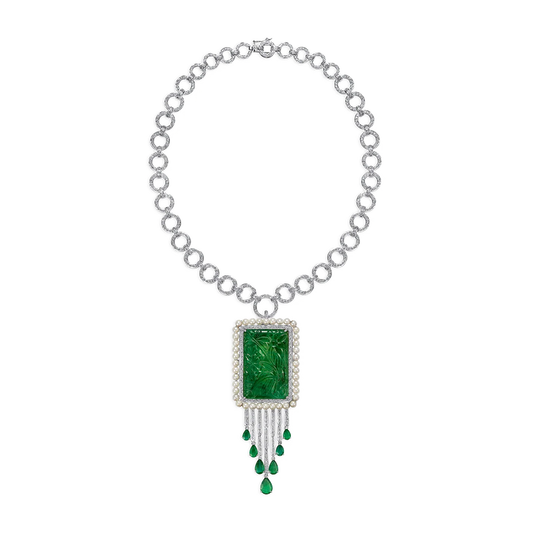 Large Carved Emerald Pendant and Brooch with Diamond Circle Necklace
