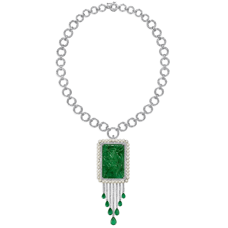 Large Carved Emerald Pendant and Brooch with Diamond Circle Necklace