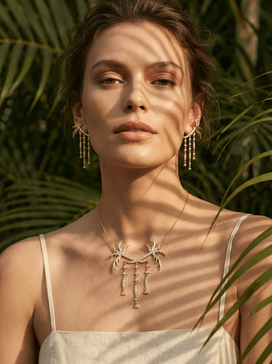 Yellow gold and diamond long palm tree earrings