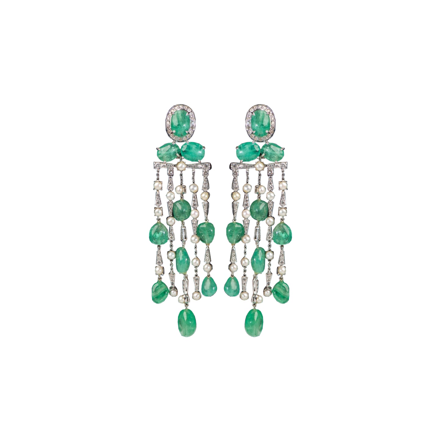 Emeralds, Pearl & Diamond long  Earrings