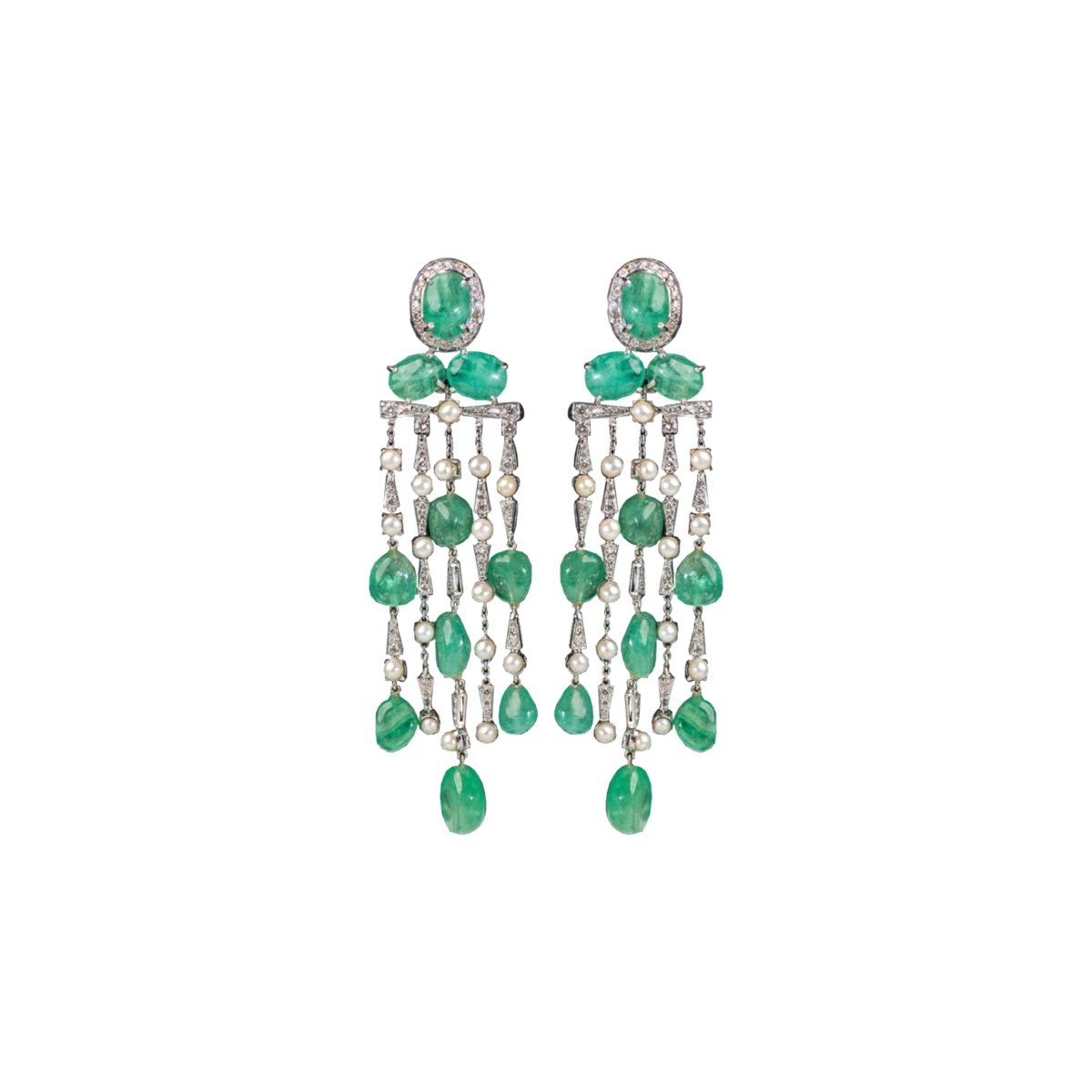 Emeralds, Pearl & Diamond long Earrings