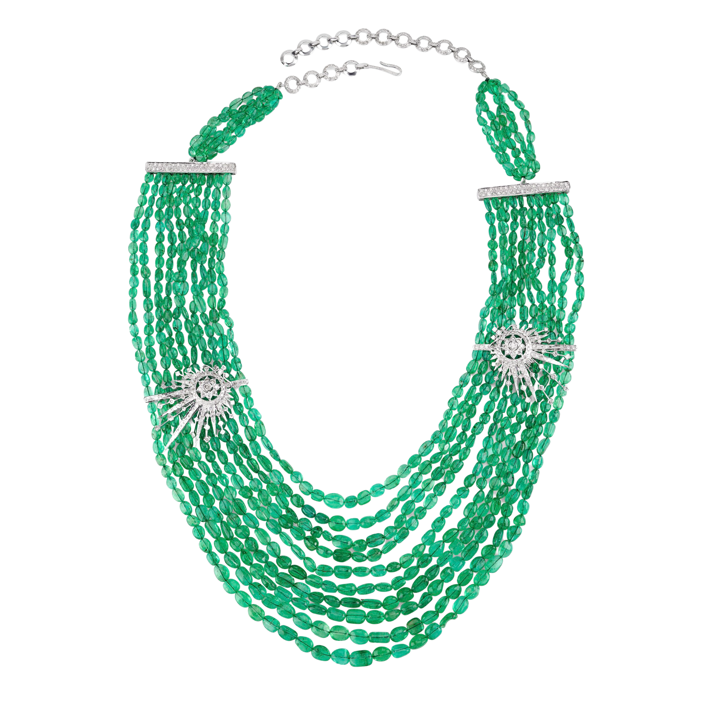 Emeralds Beads and Starburst Diamond clasps on both sides