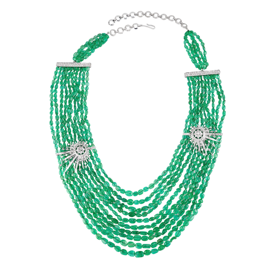 Emeralds Beads and Starburst Diamond clasps on both sides