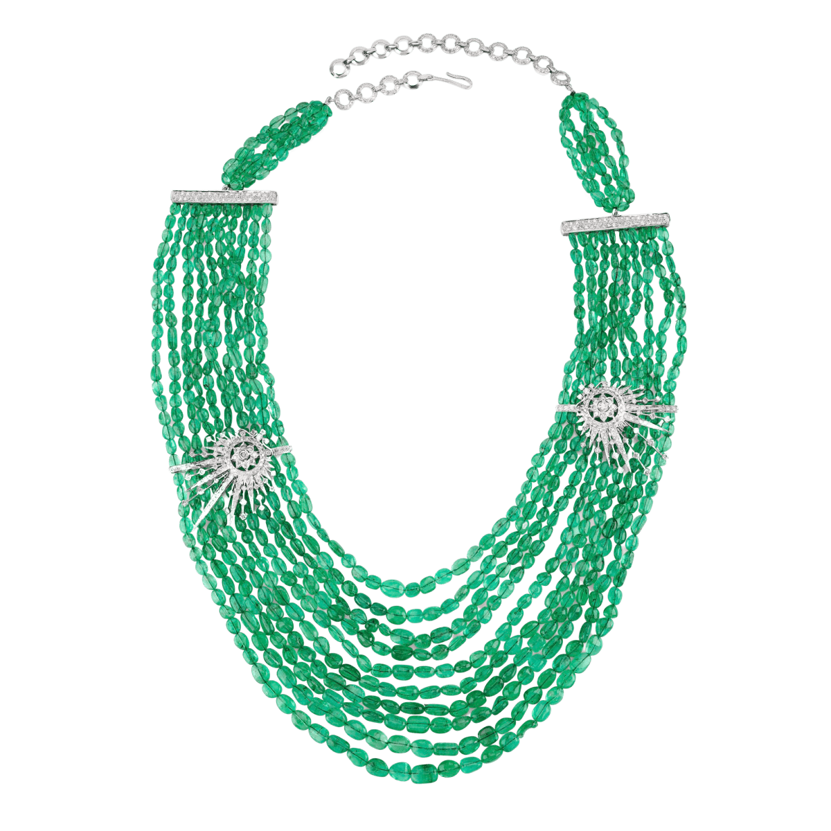 Emeralds Beads and Starburst Diamond clasps on both sides