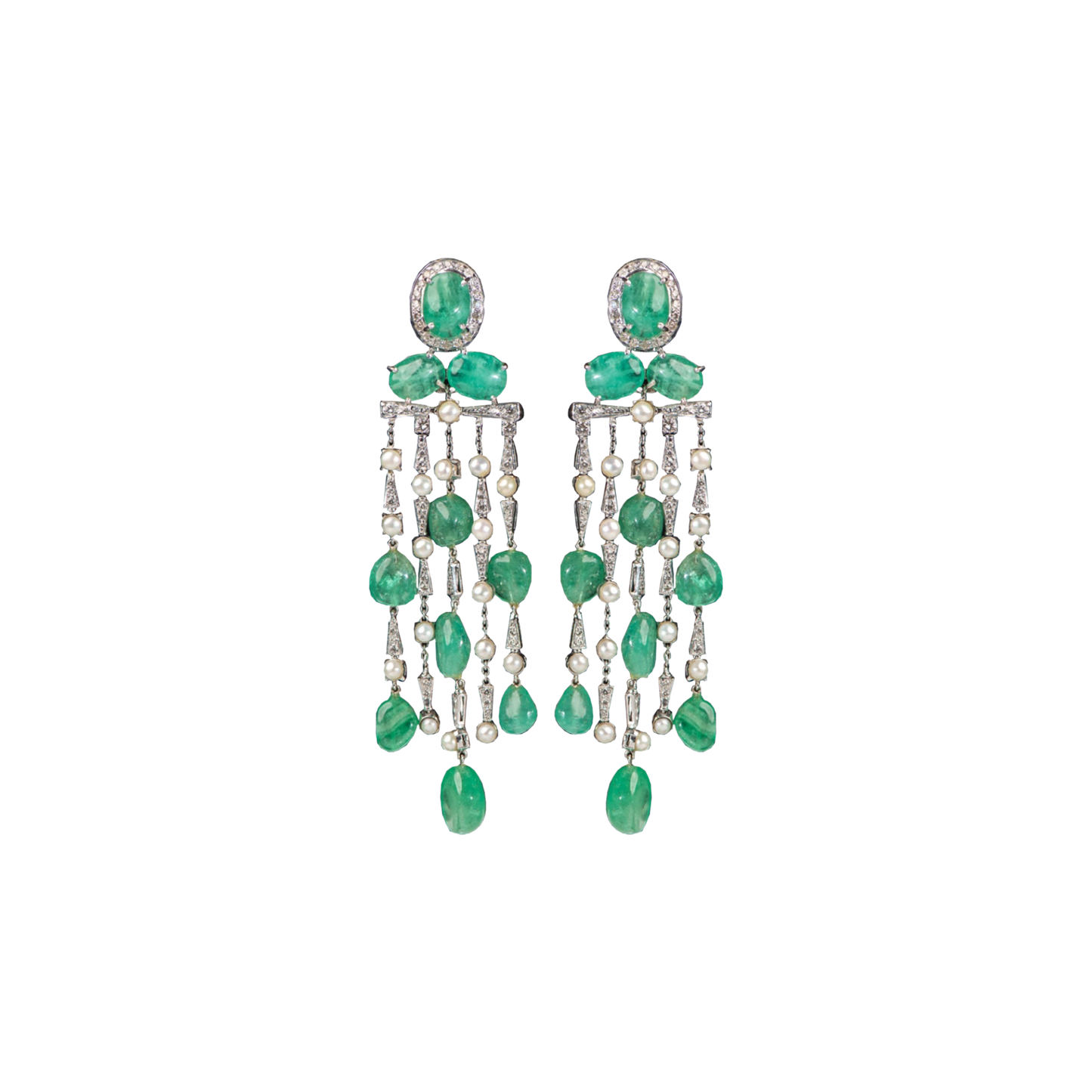 Emeralds, Pearl & Diamond long  Earrings