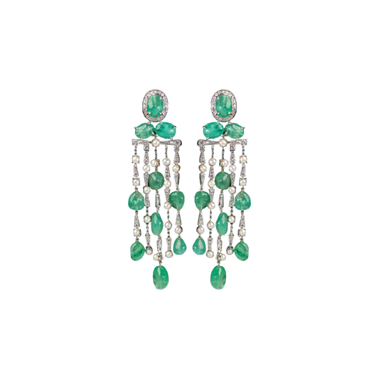 Emeralds, Pearl & Diamond long  Earrings
