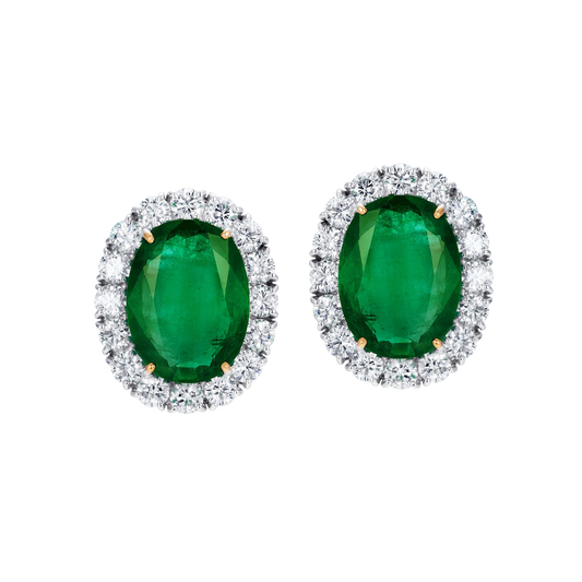 Oval Emerald with  Diamonds Top Earrings