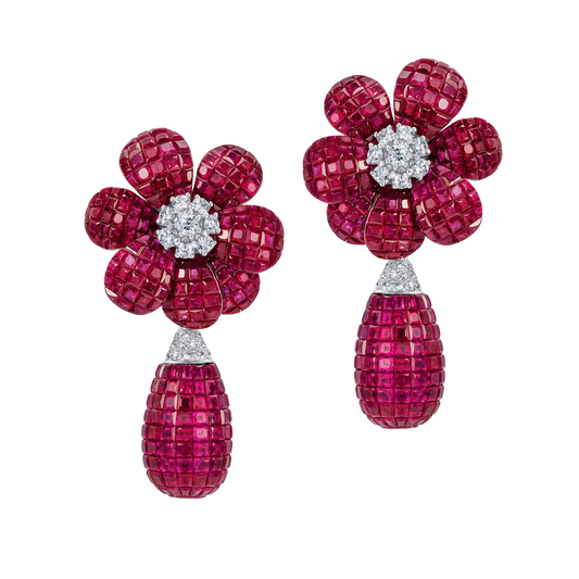 Mystery Set Rubies and Diamonds Flower Earring Drops