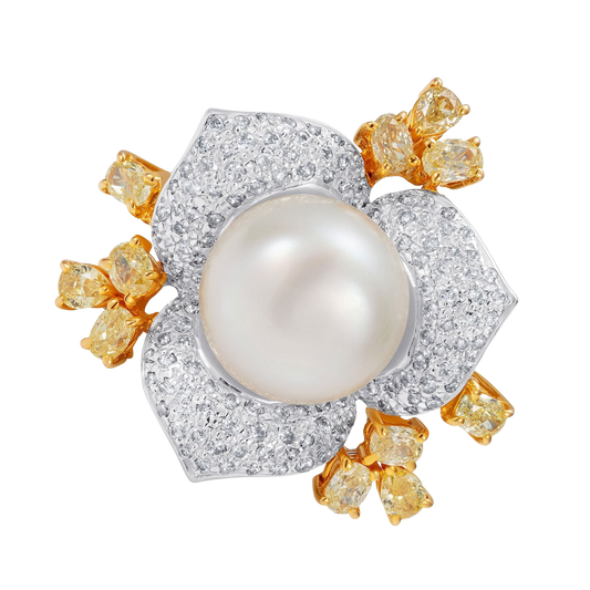 South Sea Pearl with White and Yellow Diamond ring