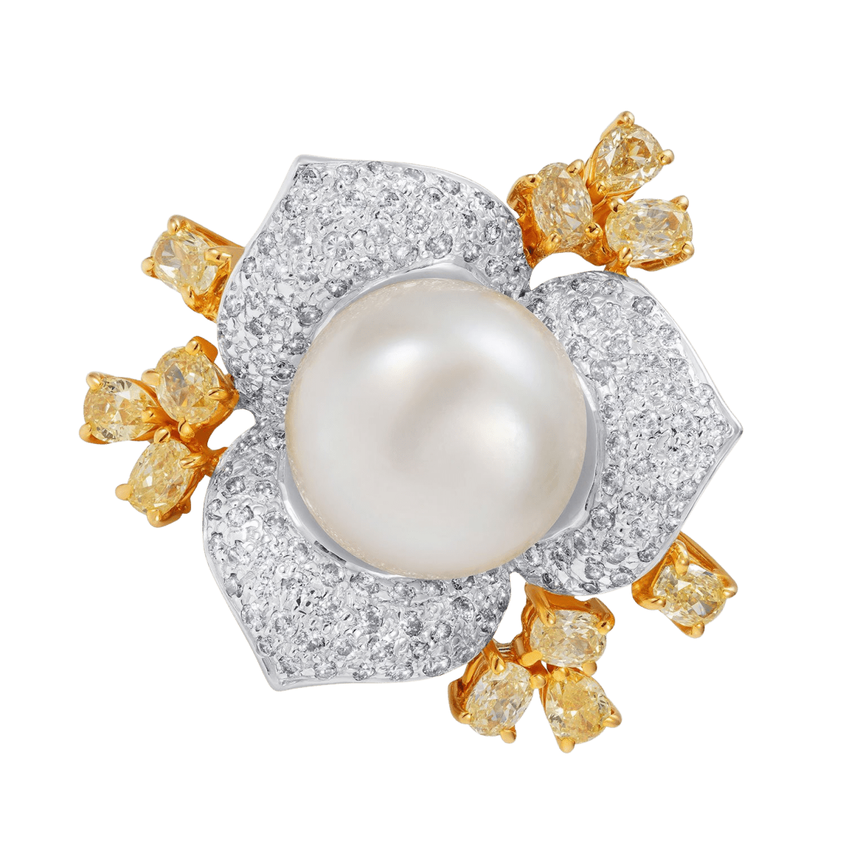 South Sea Pearl with White and Yellow Diamond ring