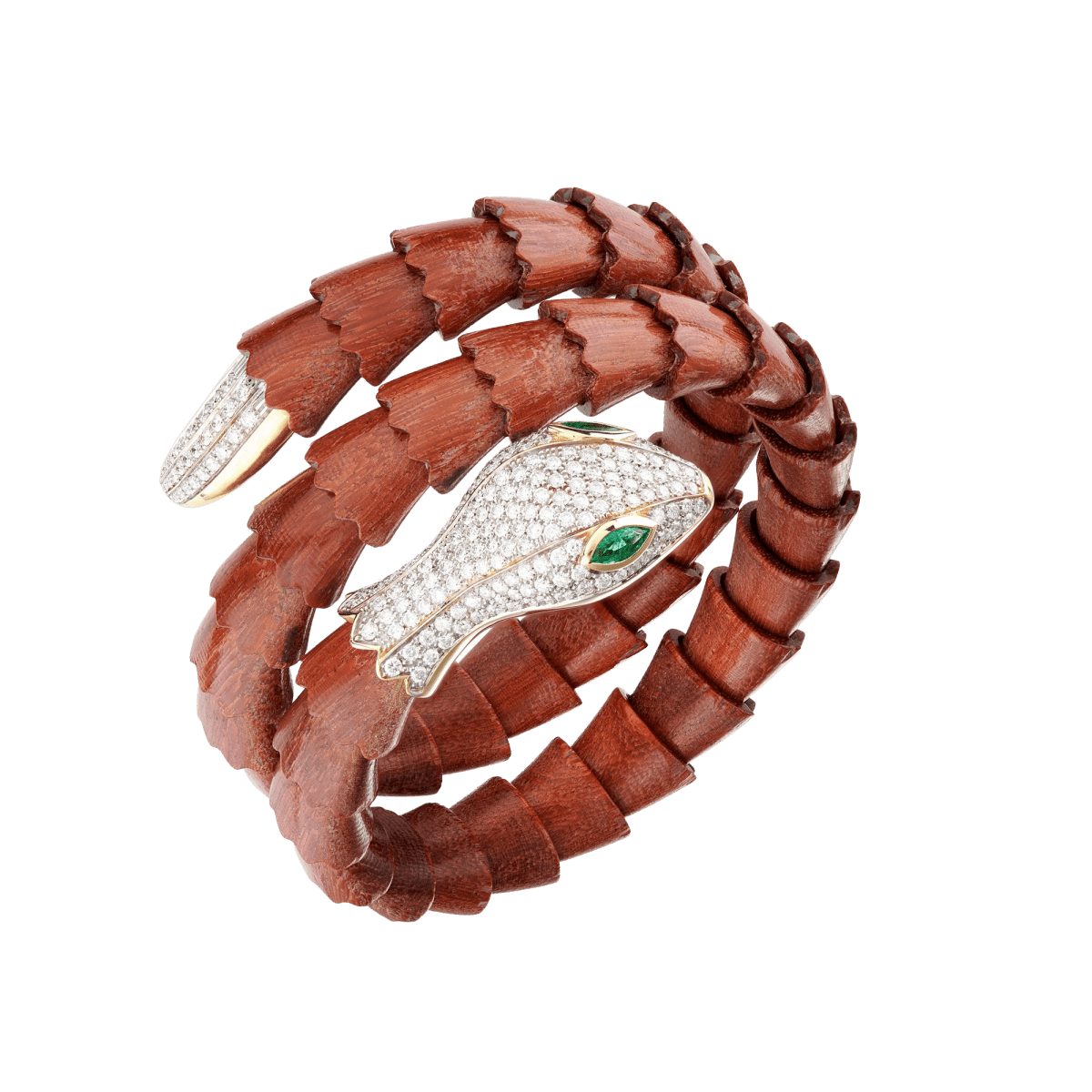 Serpent Bracelet Made in Wood, Diamonds, and Emeralds