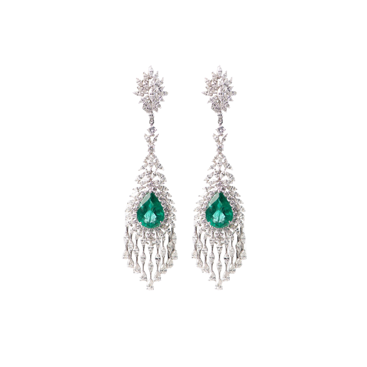 Large emerald and diamond cascading earrings