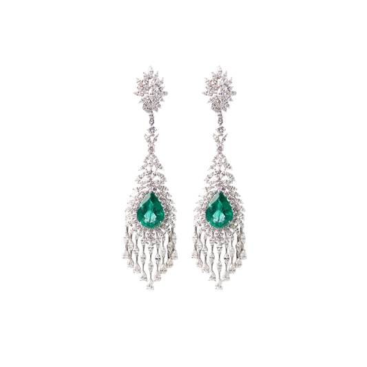 Large emerald and diamond cascading earrings