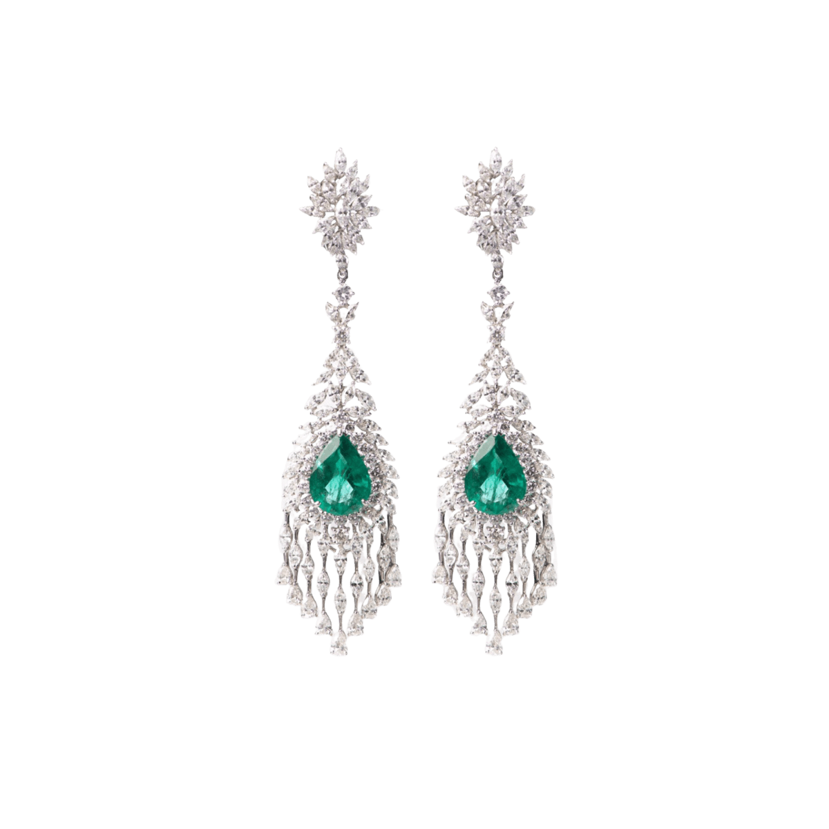 Large emerald and diamond cascading earrings