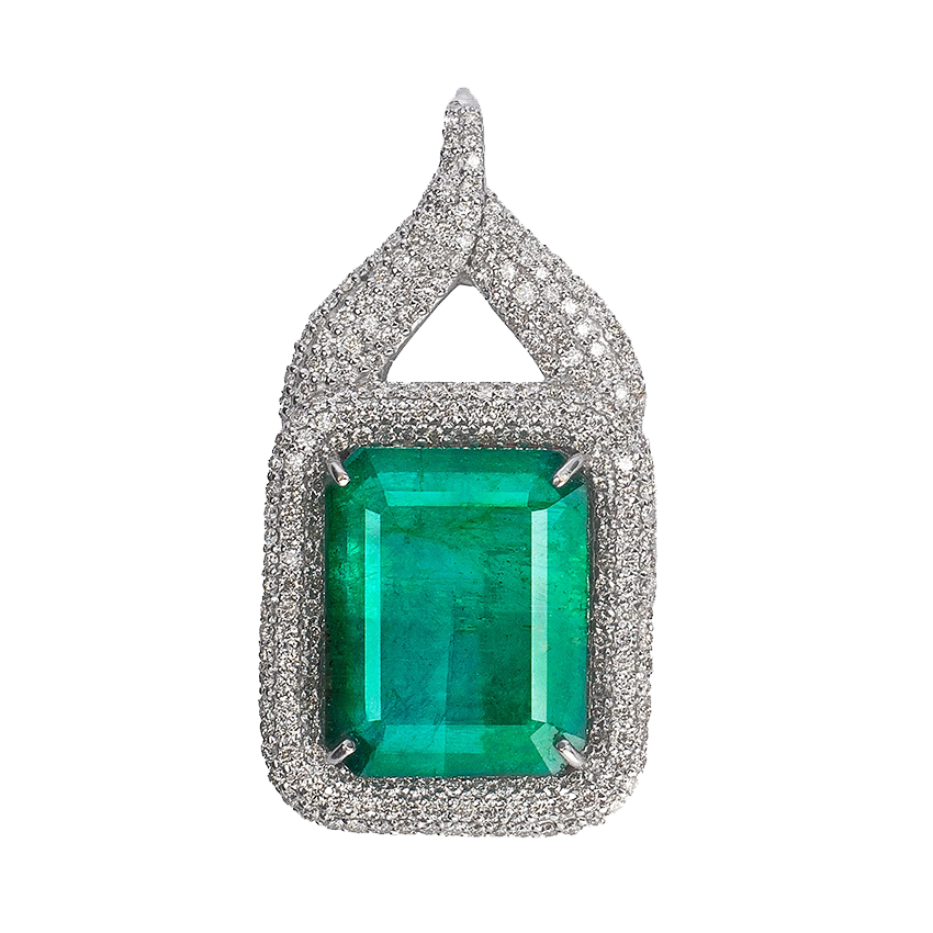 Large Rectangular Emeralds Pendant with Pave Diamond