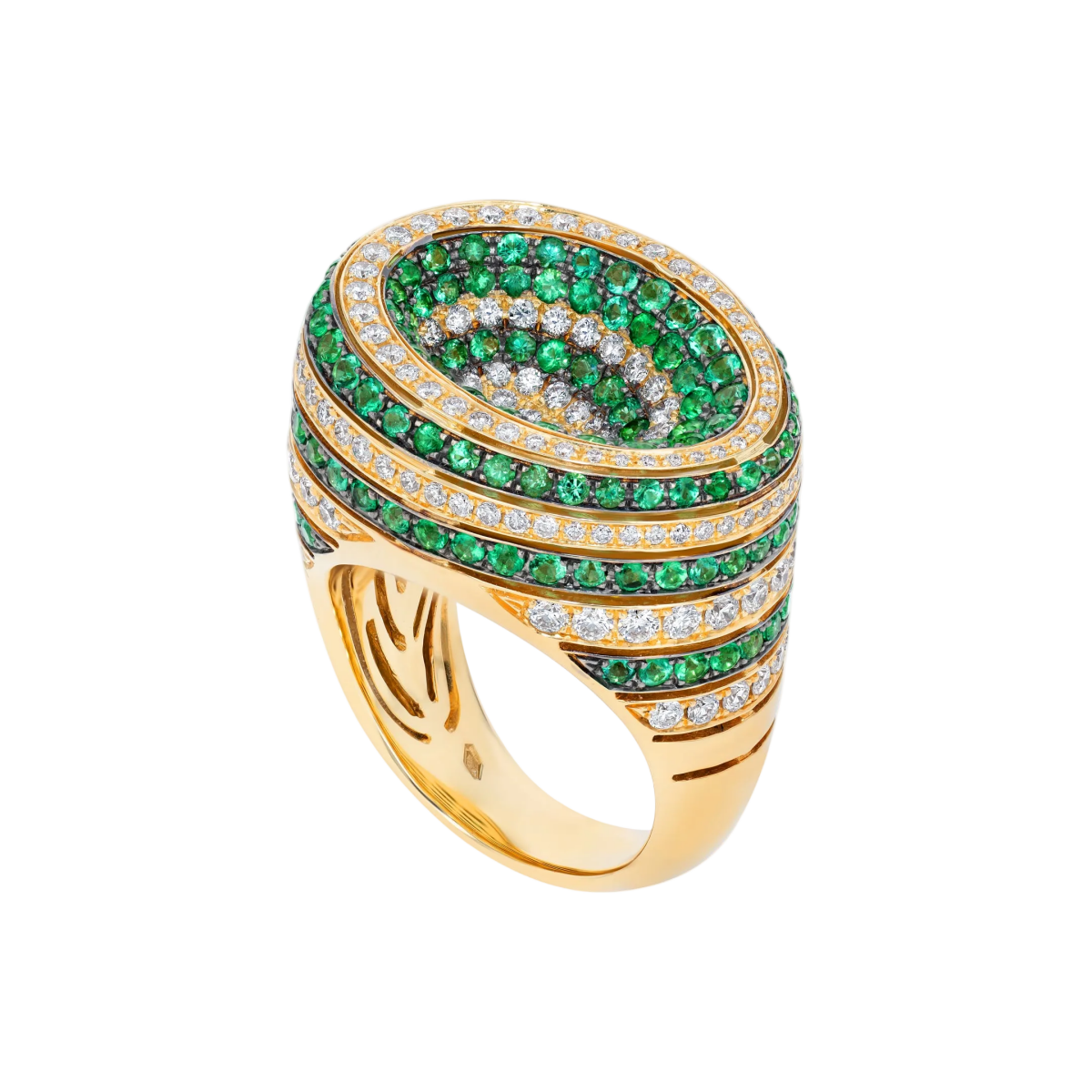 Yellow gold diamond and Emerald pave three dimensional ring