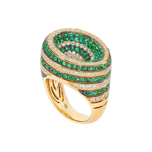 Yellow gold diamond and Emerald pave three dimensional ring