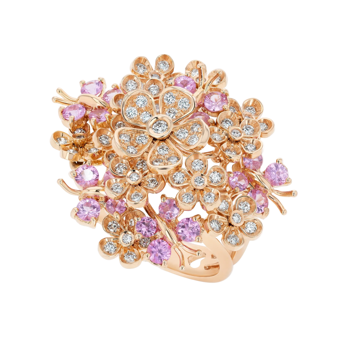 Rose gold, white diamonds and pink Sapphire flower butterfly ring
