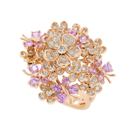 Rose gold, white diamonds and pink Sapphire flower butterfly ring