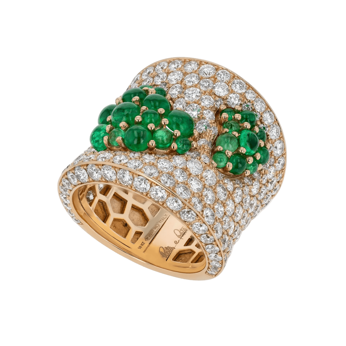 Yellow gold, pave diamonds and cabochon emeralds ring