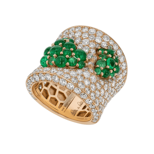 Yellow gold, pave diamonds and cabochon emeralds ring