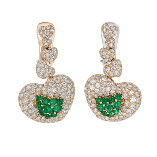 Yellow gold white diamond pave earrings with cabochon emeralds