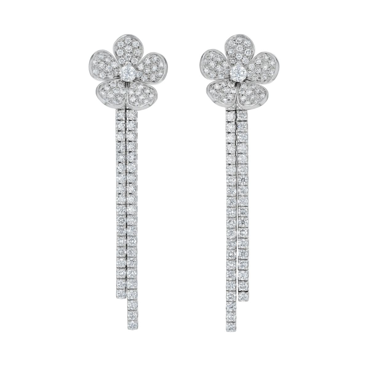 White diamond pave flower earrings with long diamond strands hanging