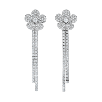 White diamond pave flower earrings with long diamond strands hanging