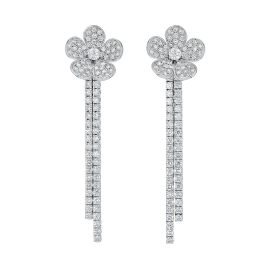 White diamond pave flower earrings with long diamond strands hanging