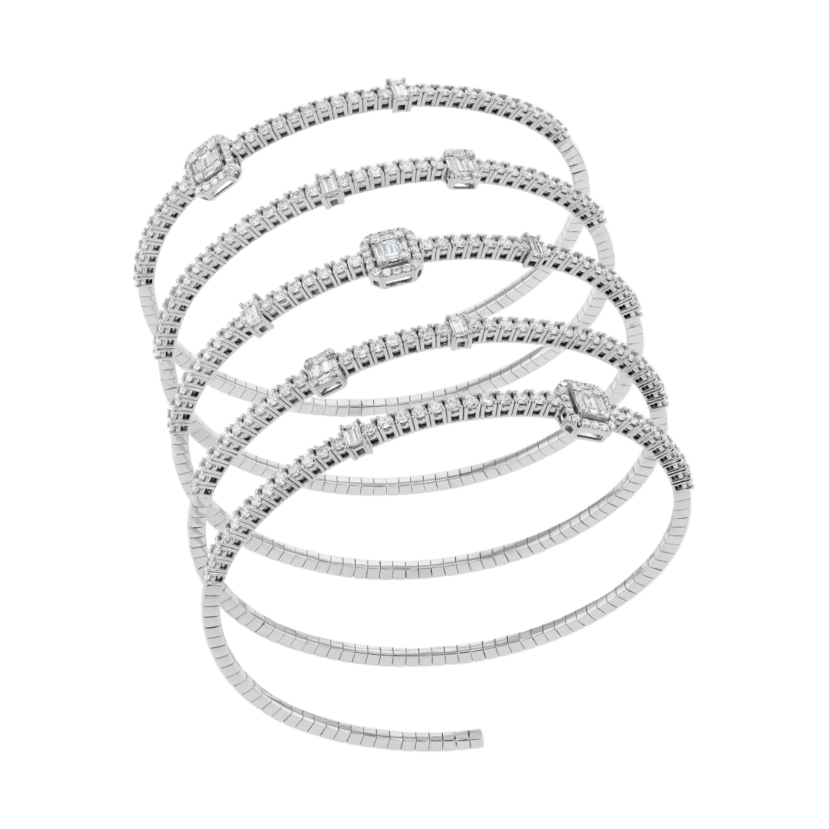 White diamond with invisible setting diamond pieces studded 5 coil bracelet
