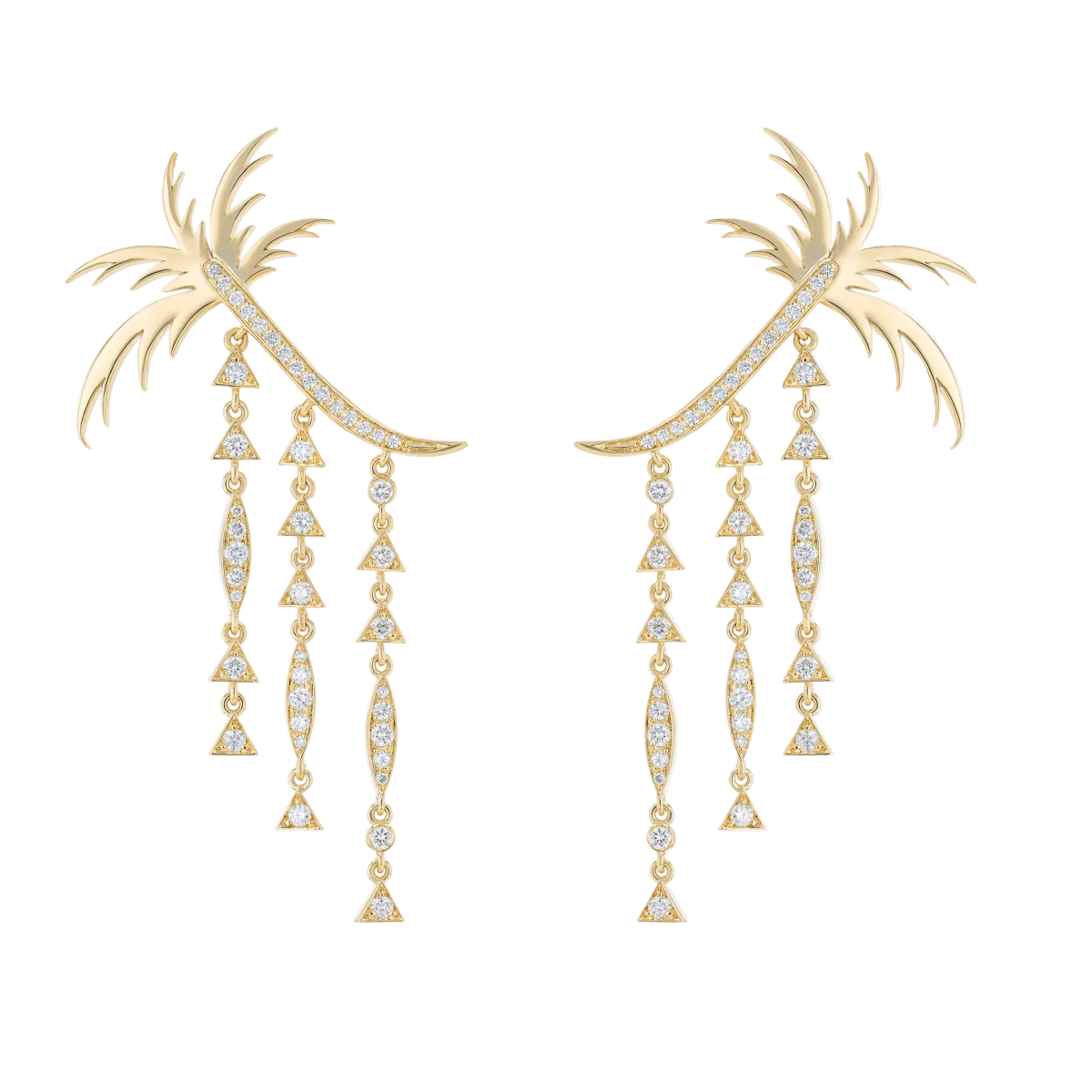 Yellow gold and diamond long  palm tree earrings