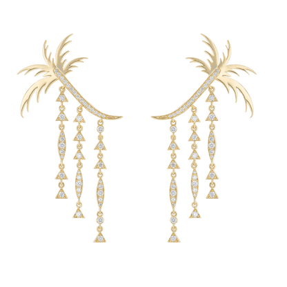 Yellow gold and diamond long  palm tree earrings