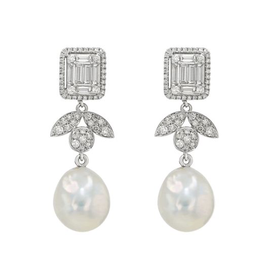White diamond invisible earrings, with three leaf motives with South sea pearls
