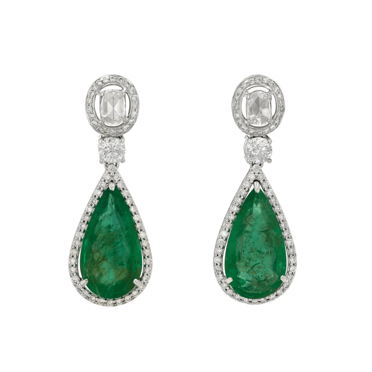 Rose cut and pave diamond with pear shaped emerald drops earrings