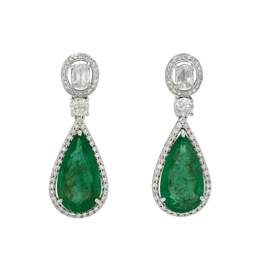 Rose cut and pave diamond with pear shaped emerald drops earrings