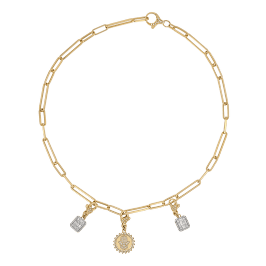Link necklace with the hands of Hamza pendant and double pendant of invisible white diamonds