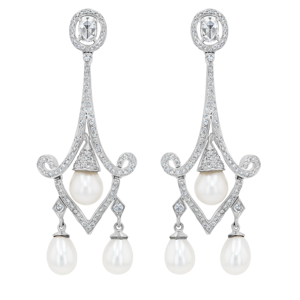 Rose cut Diamonds, Brilliant Diamonds and Pearl long Earrings