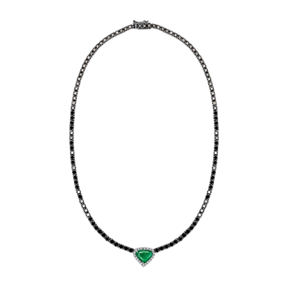 Black Diamond, Emerald Heart shaped Pendant with White Diamonds
