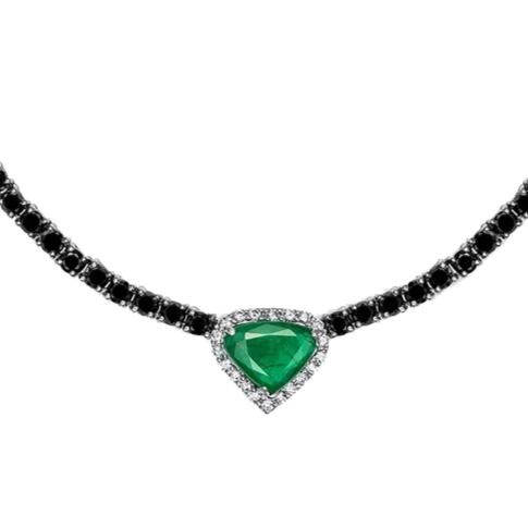 Black Diamond, Emerald Heart shaped Pendant with White Diamonds