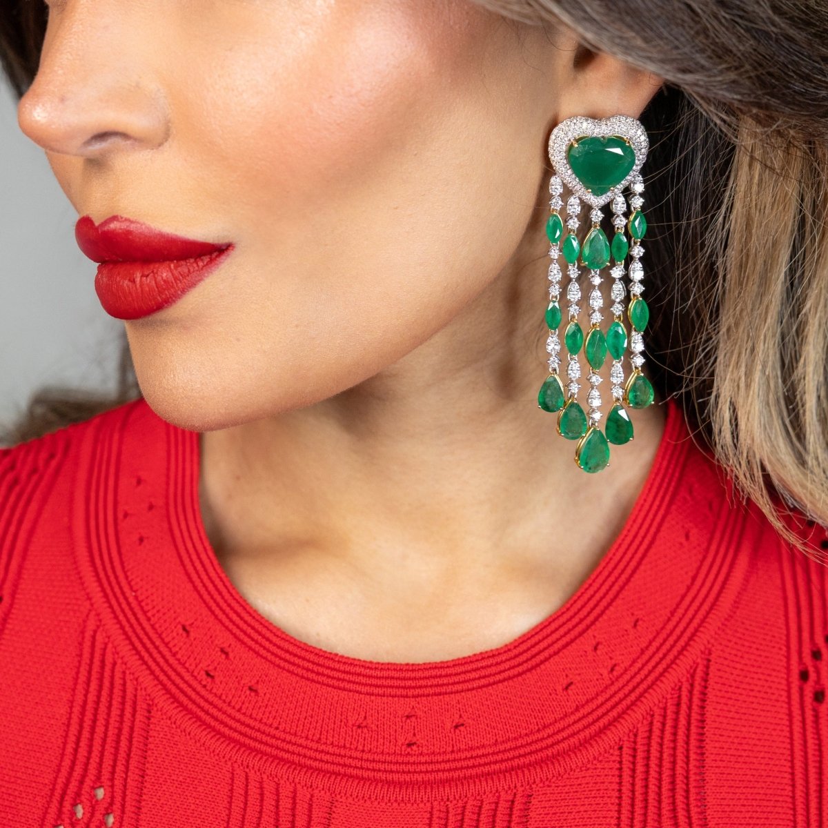 Large Heart shaped Emerald and diamond earrings