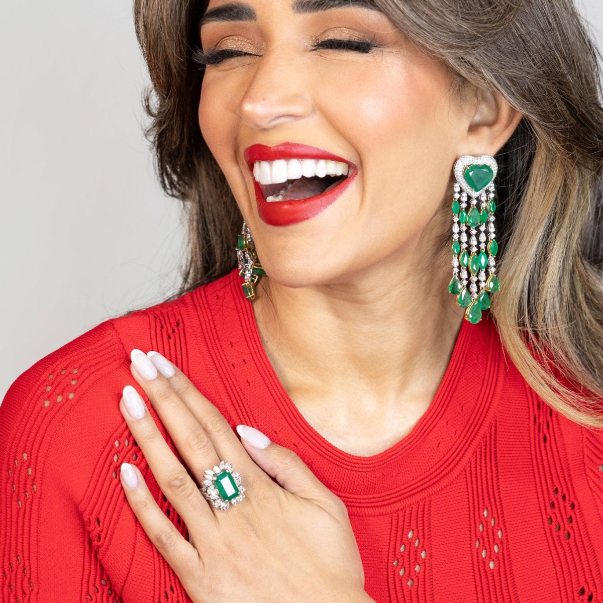 Large Heart shaped Emerald and diamond earrings