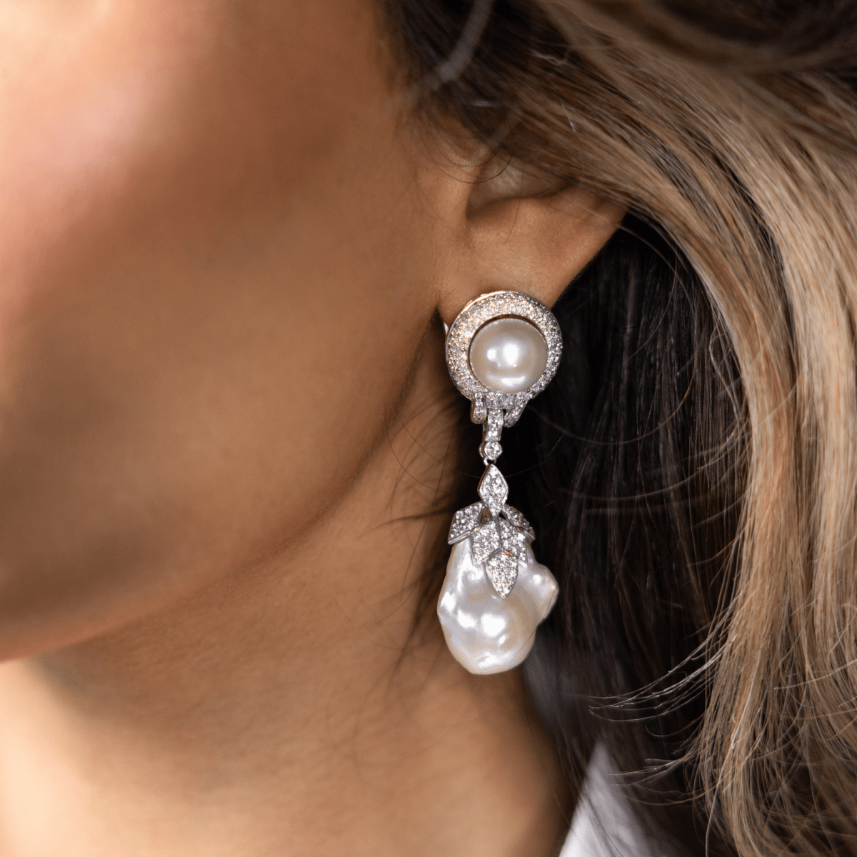 South Sea Pearl and Diamond earrings with Baroque Pearl drops