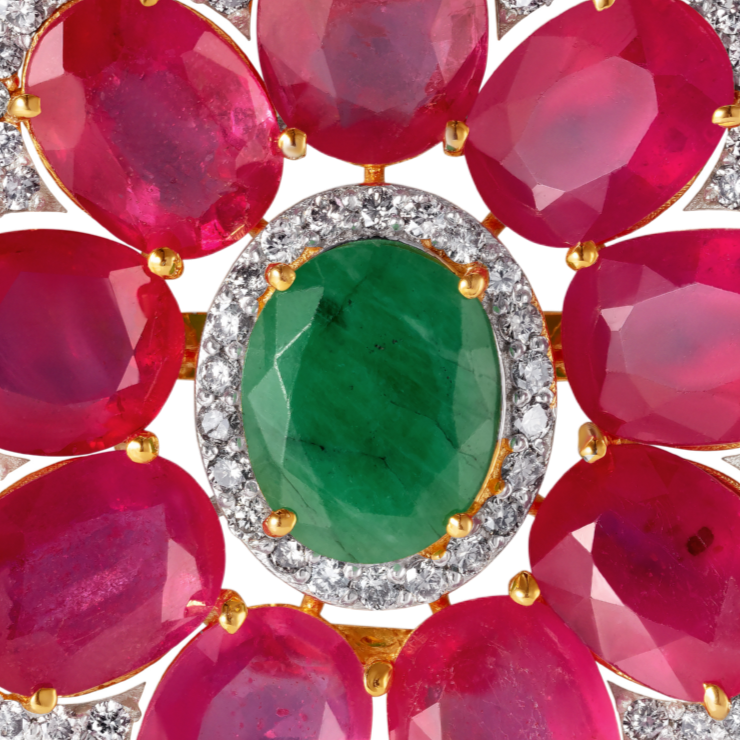 Ruby, Emerald and Diamond Flower Design Earrings