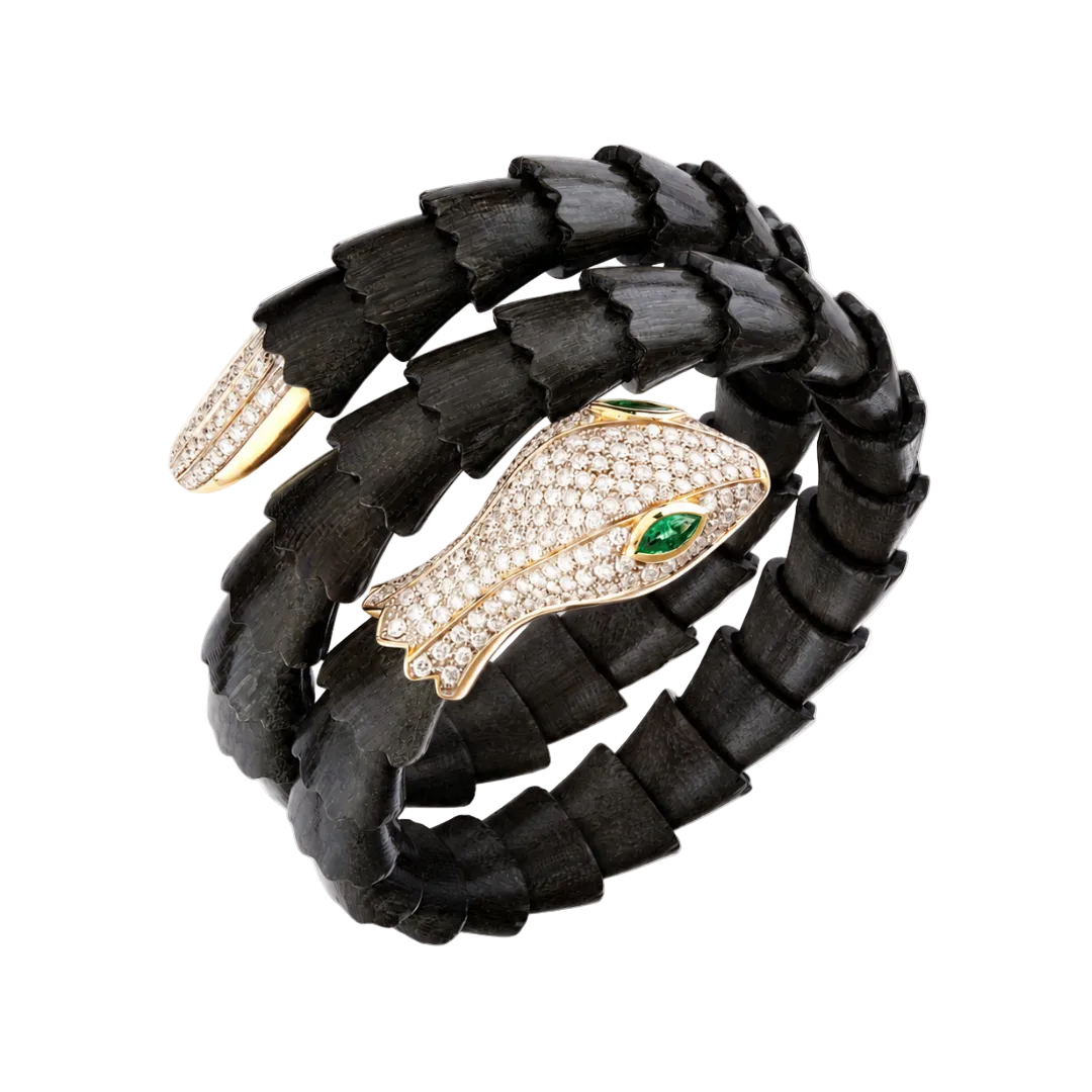 Serpent Bracelet Made in Ebony Wood, Diamonds, and Emeralds